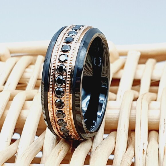 Black & Rose Gold Tungsten Ring with Black CZ Inlay, GALTUN909 - Picture 1 of 5